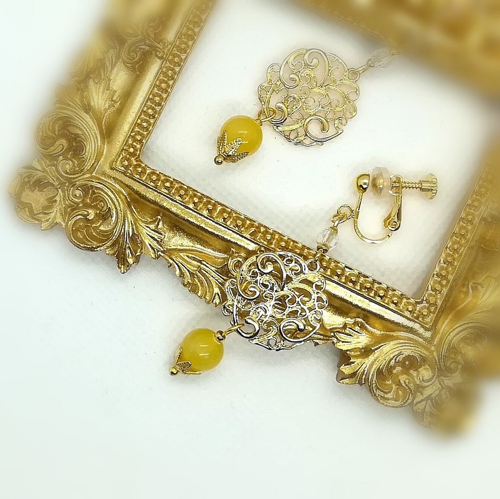 送料込=黄色の天然石☆イヤリング(ピアスに変更可)