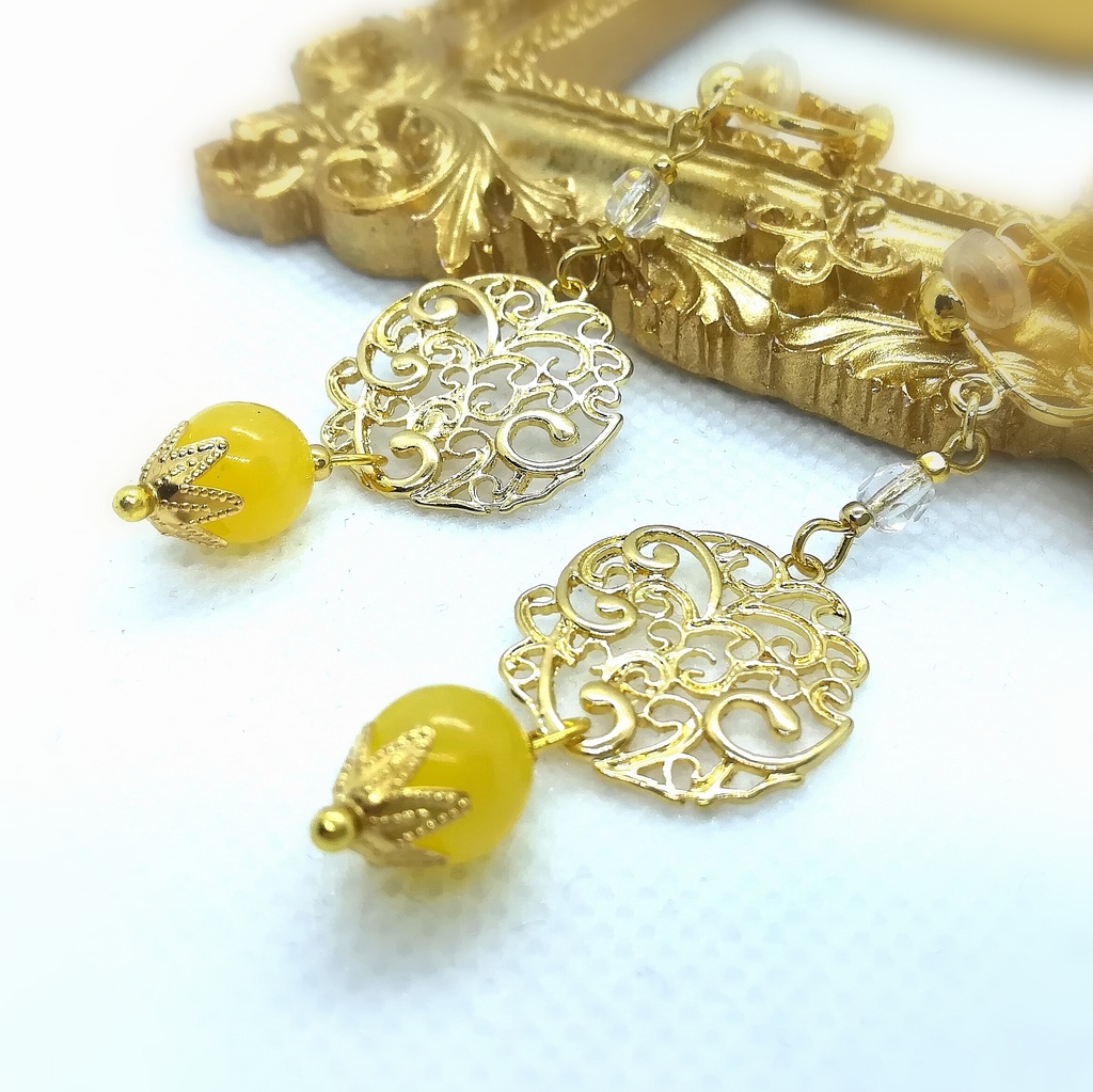 送料込=黄色の天然石☆イヤリング(ピアスに変更可)