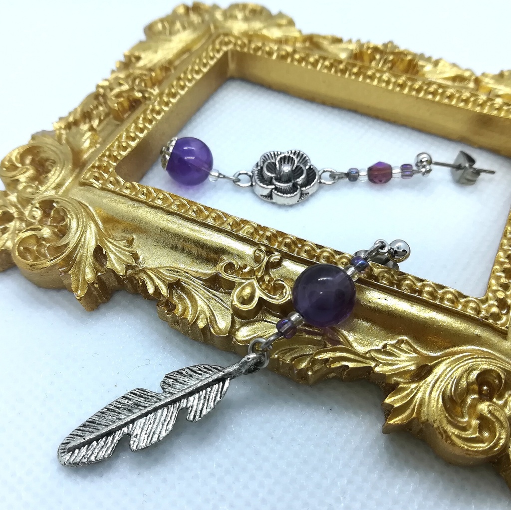 送料込=アメジスト☆チタンポスト☆アシンメトリーピアス