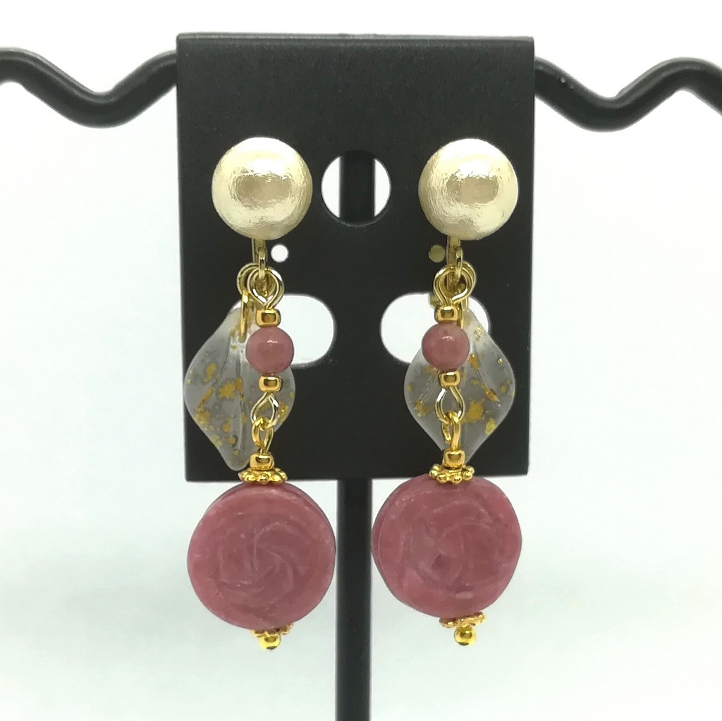 送料込=ロードナイト薔薇&コットンパール☆イヤリング