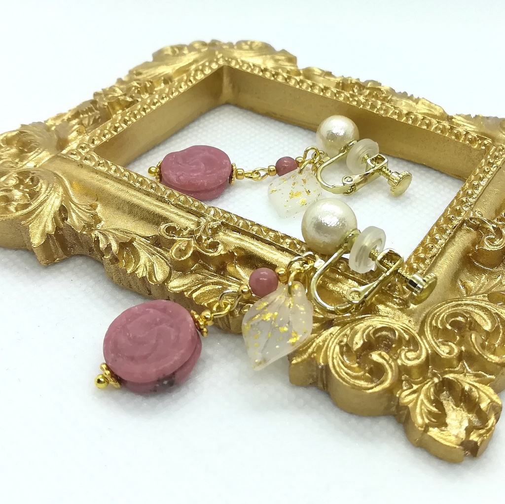 送料込=ロードナイト薔薇&コットンパール☆イヤリング