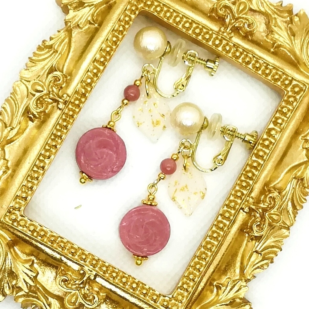 送料込=ロードナイト薔薇&コットンパール☆イヤリング