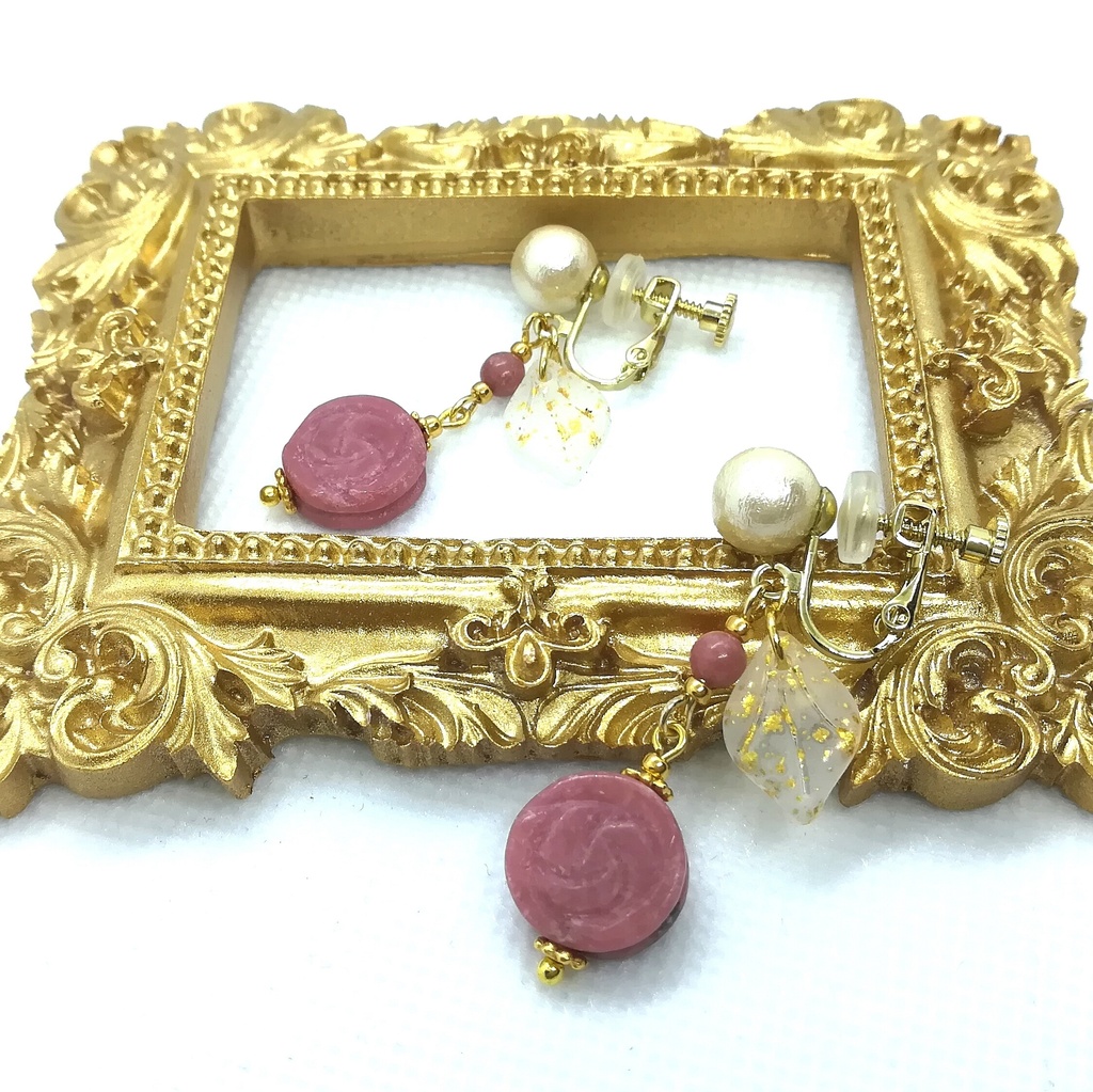 送料込=ロードナイト薔薇&コットンパール☆イヤリング