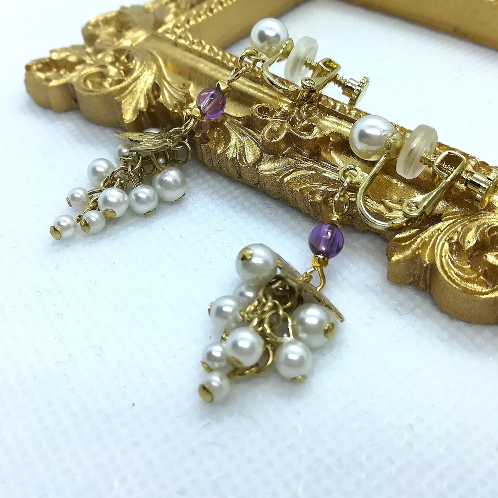 送料込=アメジスト&パール葡萄☆イヤリング