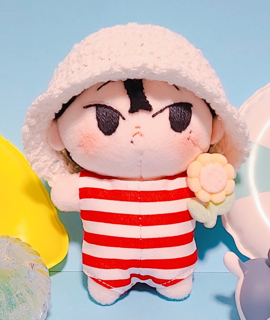 ちまろぬい用　ボーダーのオールインワン水着+ぽこぽこ日よけ帽子