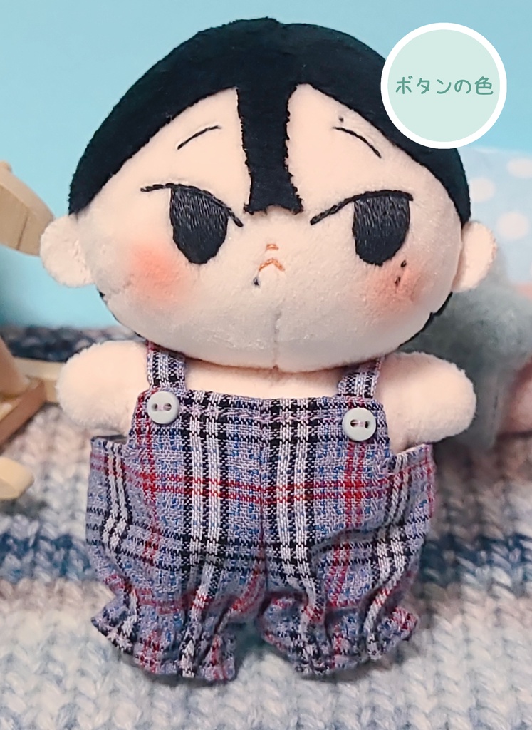 ちまろぬい用　青色チェックのサロペット（薄緑色のボタン）