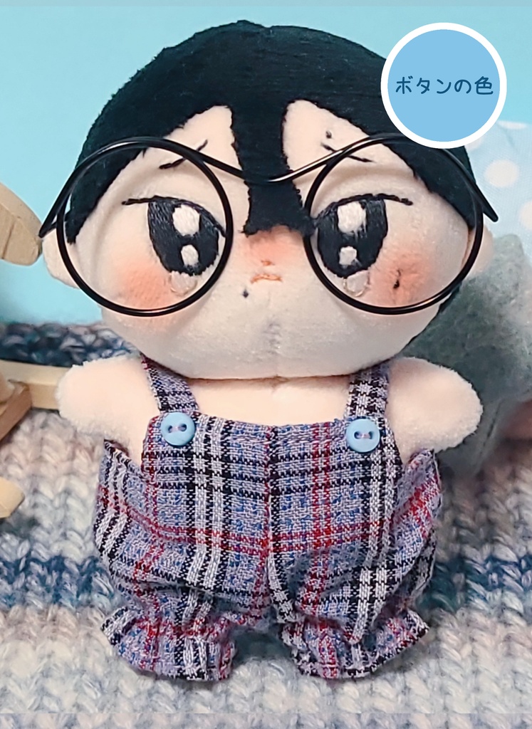 ちまろぬい用　青色チェックのサロペット（水色のボタン）