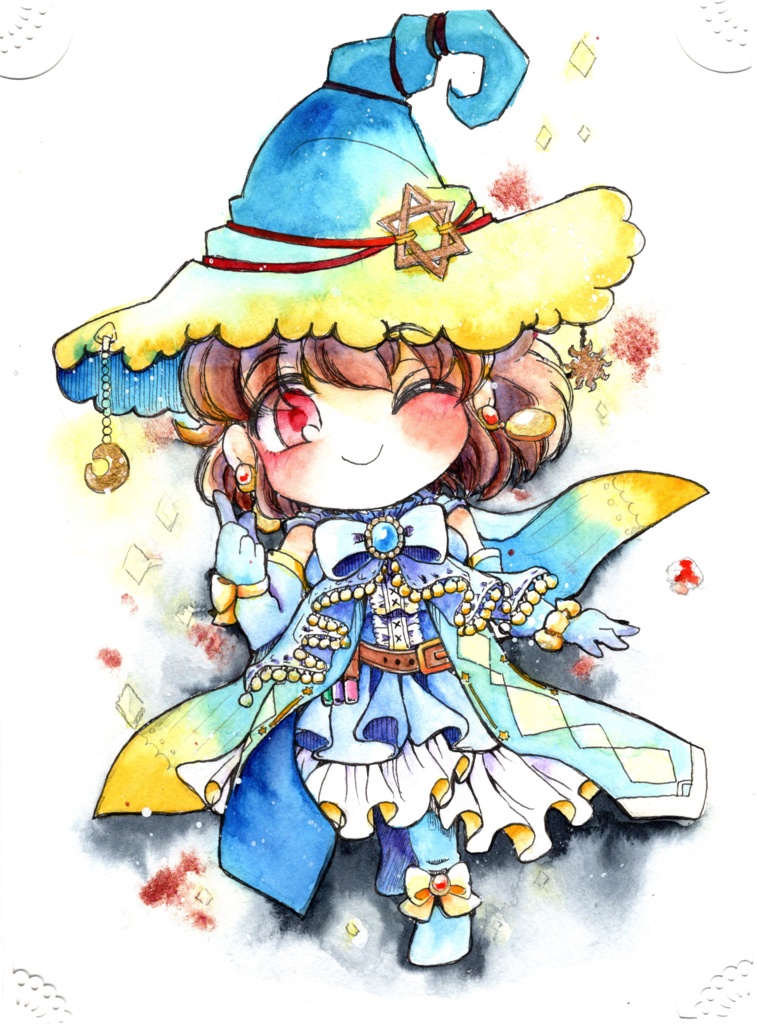 きらめく夜空衣装の魔法使い【B5サイズ額装 透明水彩原画】