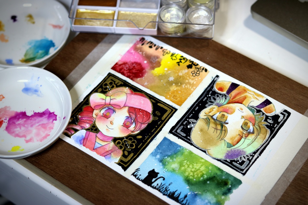 色テーマ W&Nウィンザーレッド・HWCブリリアントピンク【9×9サイズ 水彩原画】