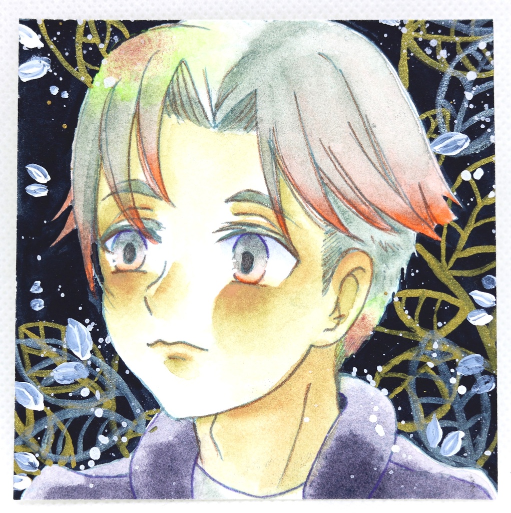 色テーマ HWCデービスグレイ・W&Nウィンザーオレンジ【9×9サイズ 水彩原画】