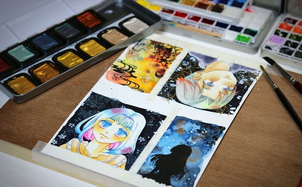 色テーマ W&Nセルリアンブルー・シュミンケ ブリリアントオペラローズ【9×9サイズ 水彩原画】