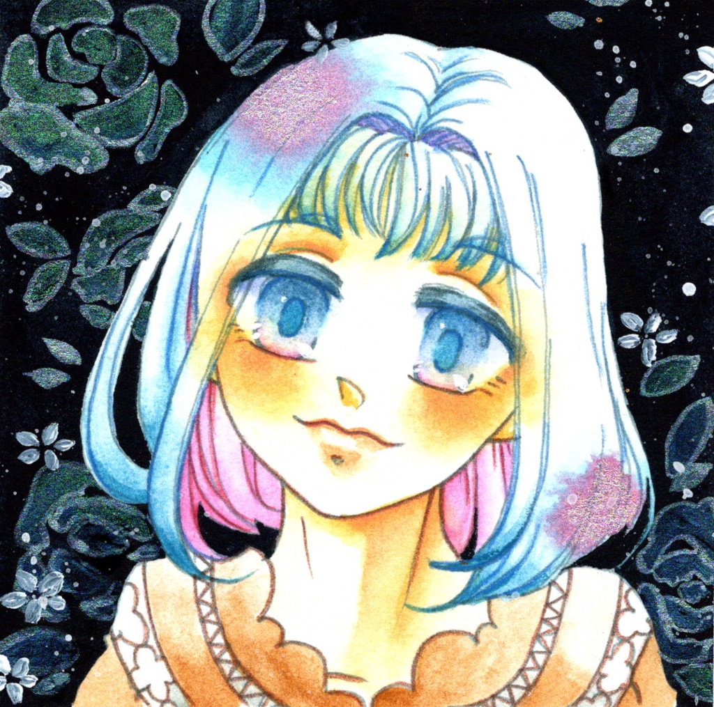 色テーマ W&Nセルリアンブルー・シュミンケ ブリリアントオペラローズ【9×9サイズ 水彩原画】