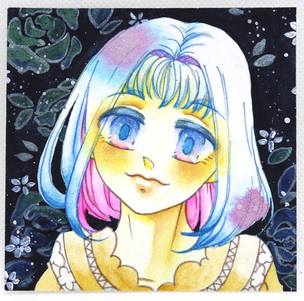 色テーマ W&Nセルリアンブルー・シュミンケ ブリリアントオペラローズ【9×9サイズ 水彩原画】