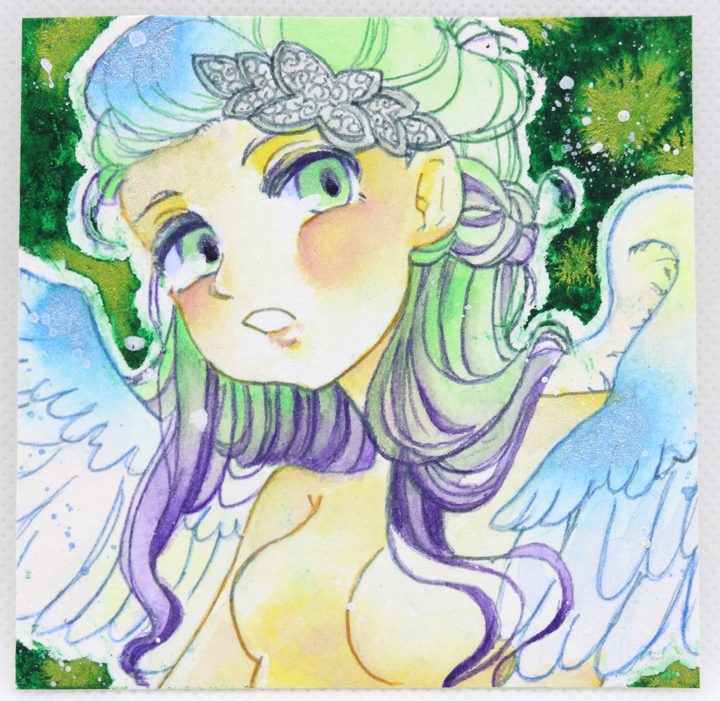 色テーマ HWCコンポーズグリーン・W&Nウィンザーヴァイオレッド【9×9サイズ 水彩原画】