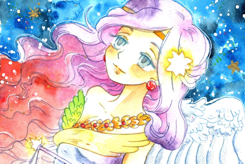 夜空の乙女　【はがきサイズ　水彩原画】