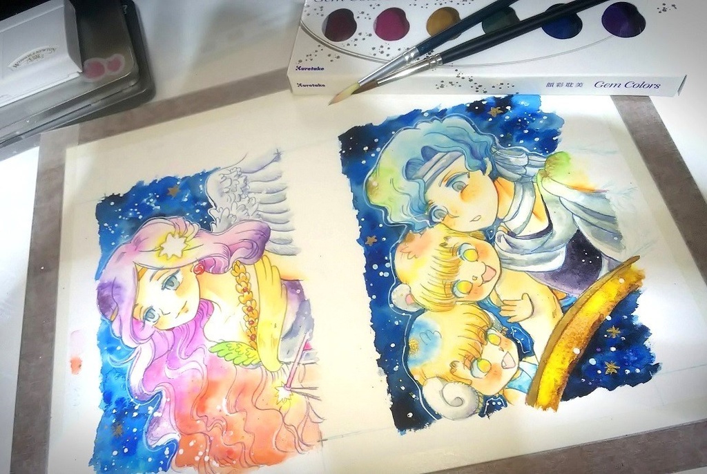 夜空の水汲みの青年 【はがきサイズ 水彩原画】