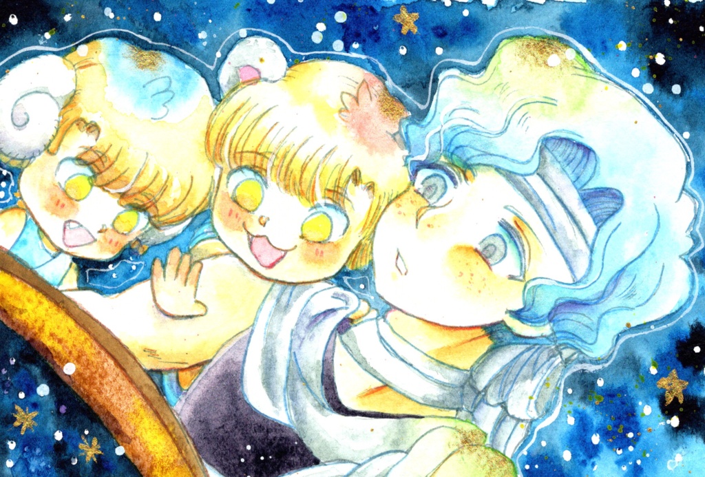 夜空の水汲みの青年 【はがきサイズ 水彩原画】