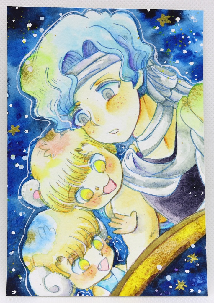 夜空の水汲みの青年 【はがきサイズ 水彩原画】