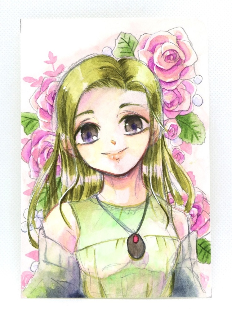 薔薇と令嬢【はがきサイズ 水彩原画】