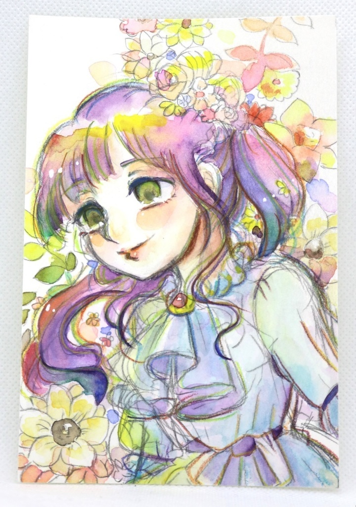 花と令嬢【はがきサイズ 水彩原画】