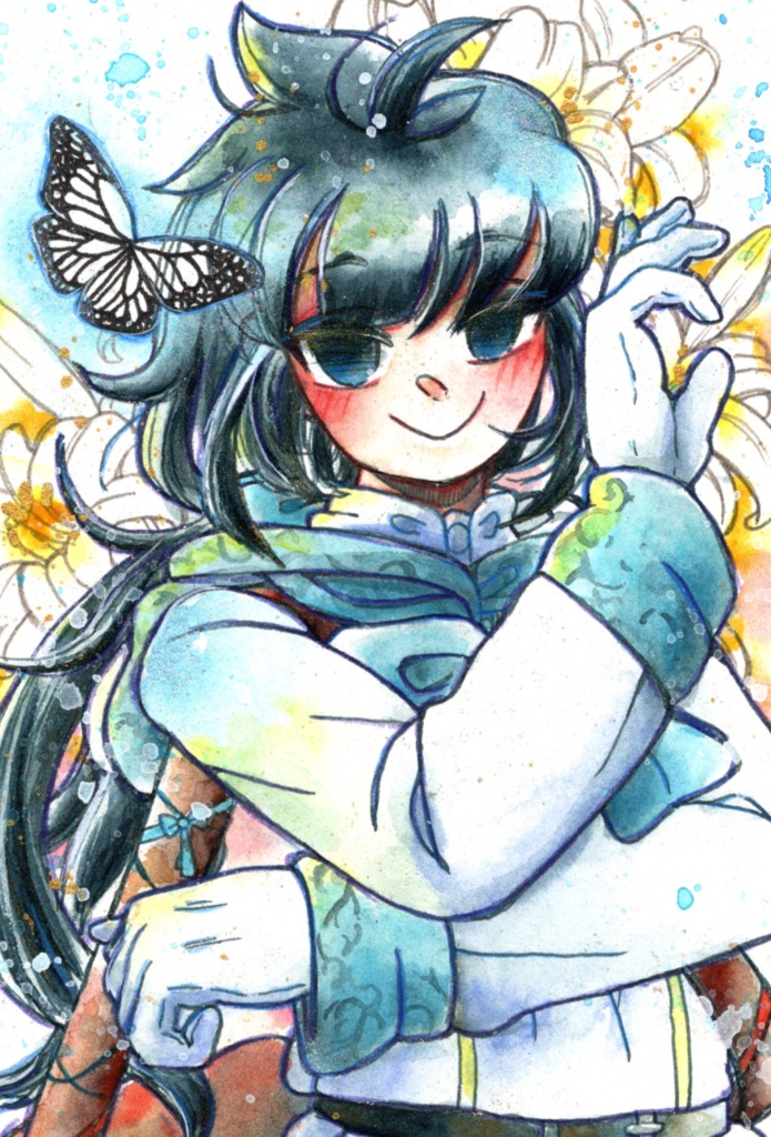 白百合の青年【はがきサイズ　水彩原画】