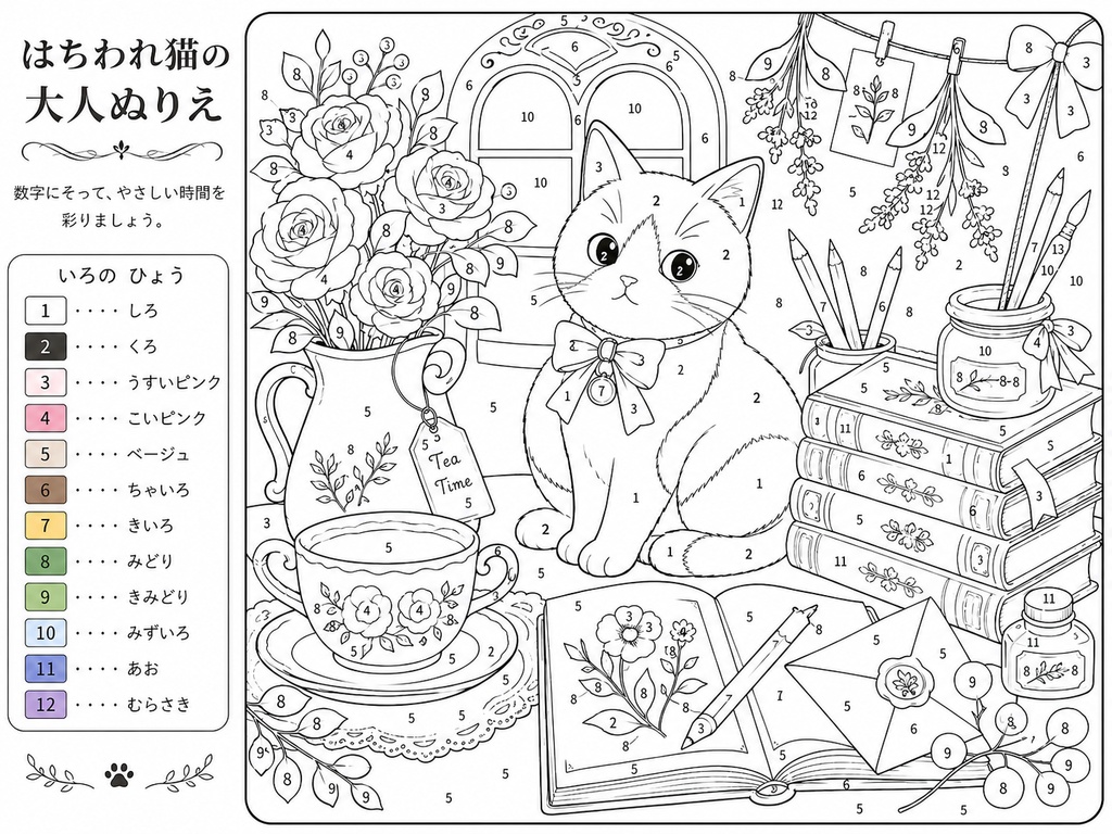 数字ぬりえPDF|はちわれ猫のおとなのぬりえ
