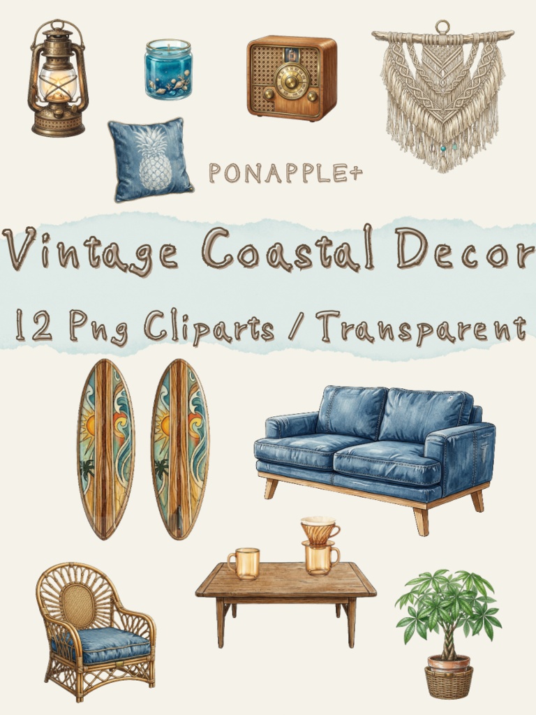 Vintage Coastal Decor - 12 PNG Cliparts