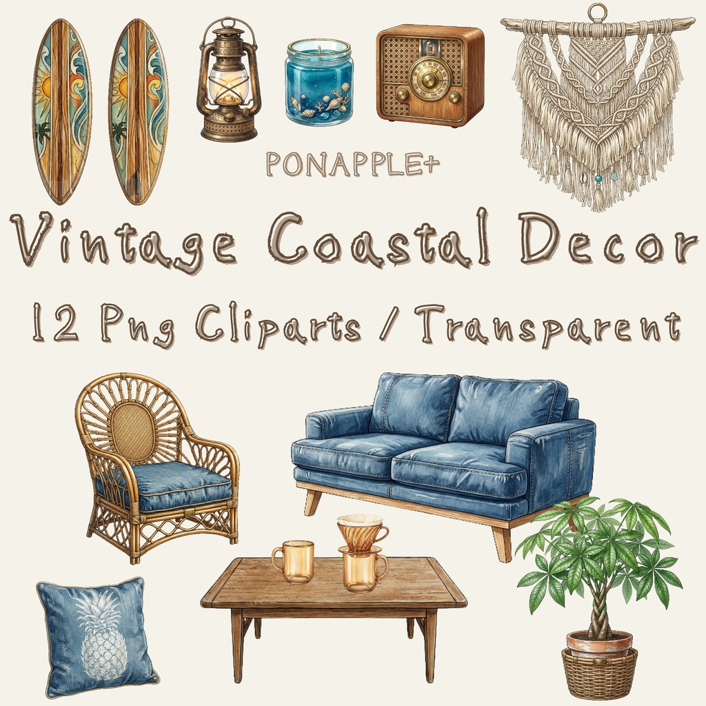 Vintage Coastal Decor - 12 PNG Cliparts