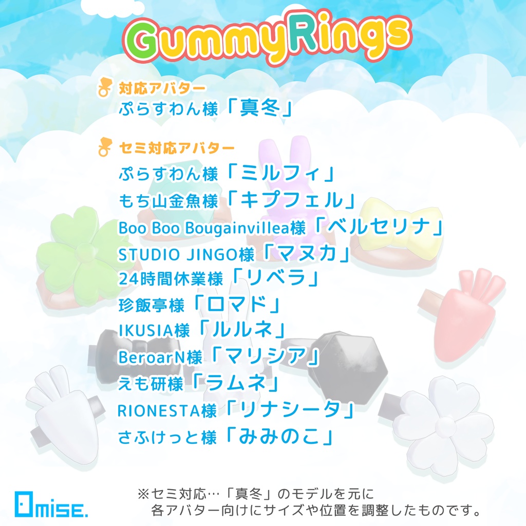 【VRChat想定】GummyRings アクセサリー【汎用・12アバターPrefab入り】