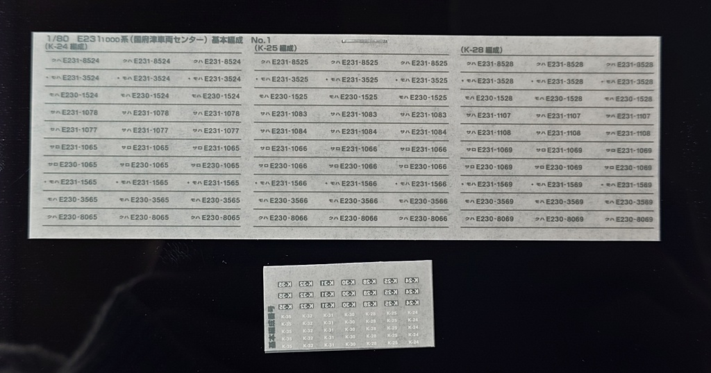 1/80 E231-1000系用 車番・編成番号インレタ