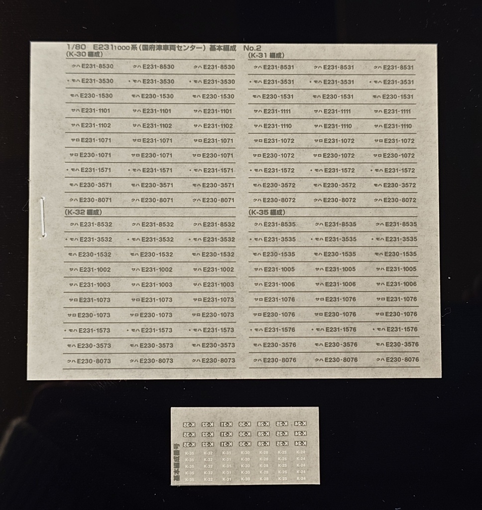 1/80 E231-1000系用 車番・編成番号インレタ