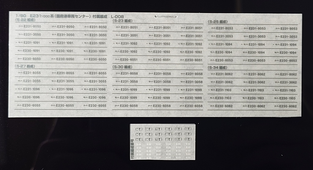 1/80 E231-1000系用 車番・編成番号インレタ