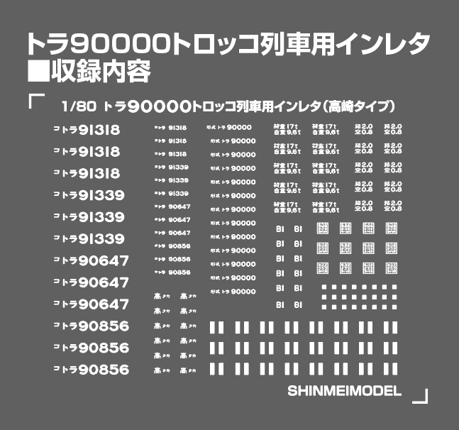 1/80 トラ90000トロッコ列車「高崎タイプ」用デカール・インレタ