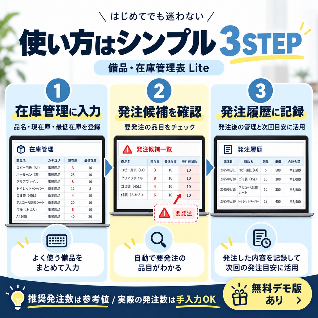 【無料デモ】備品・在庫管理表 Lite|Excel在庫・発注管理テンプレート