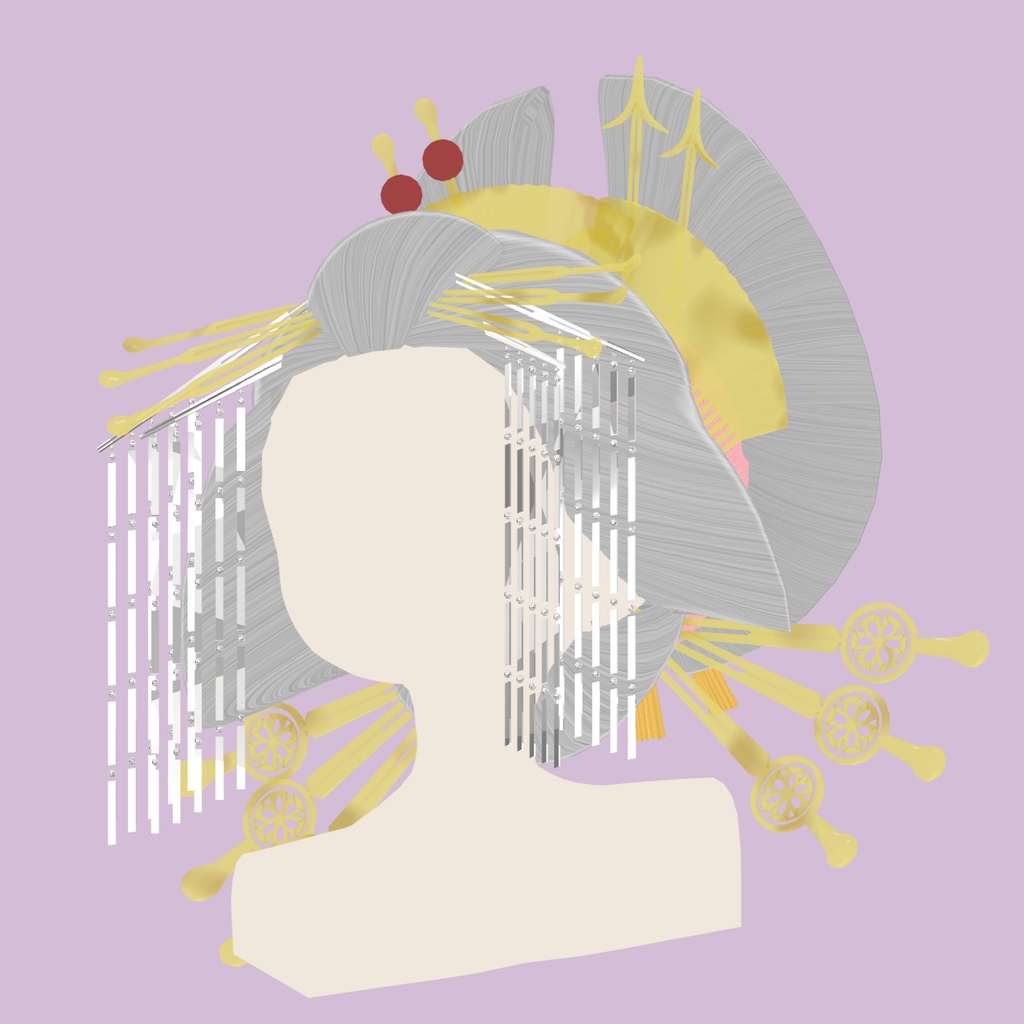 【VRchat想定・汎用・PB】かんざし付き花魁ヘアウイッグ【physbone】横兵庫 hairwig003