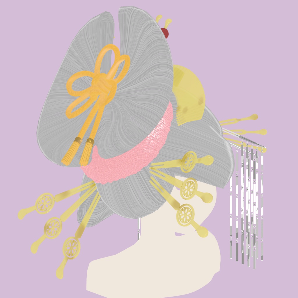 【VRchat想定・汎用・PB】かんざし付き花魁ヘアウイッグ【physbone】横兵庫 hairwig003