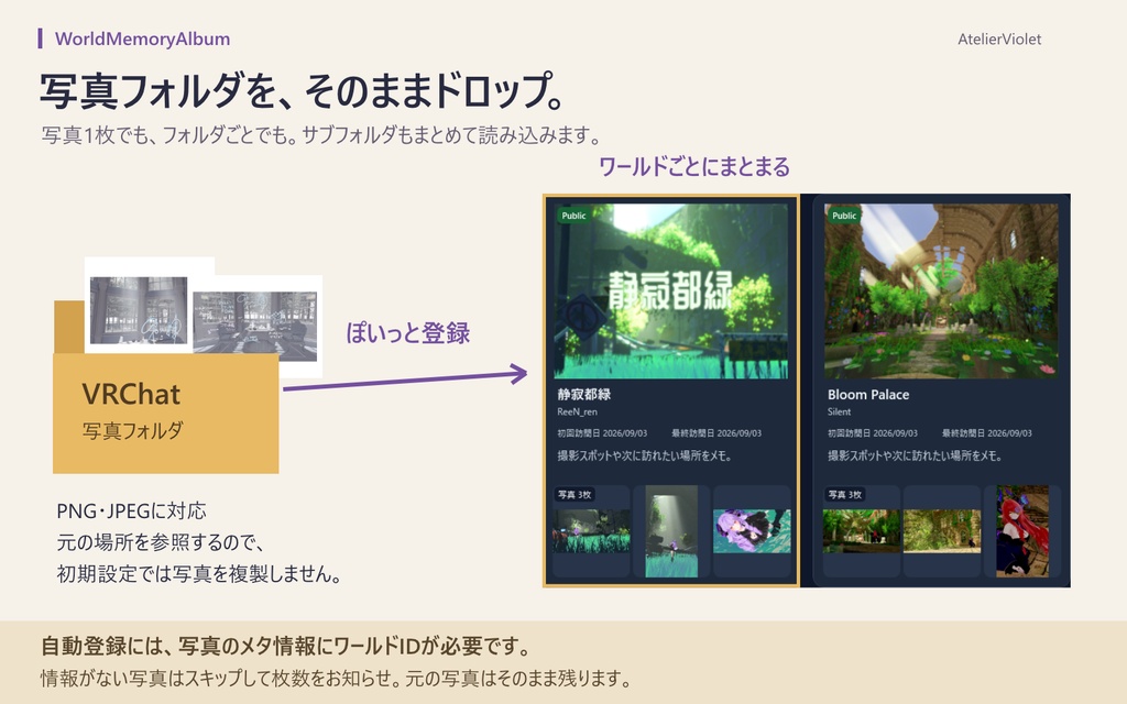 【無料あり】【VRChat支援アプリ】WorldMemoryAlbum|ワールドと写真をまとめるアルバム #vrc_AtelierViolet