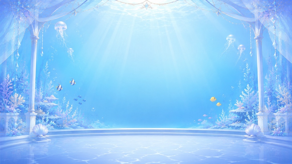 【配信背景素材】幻想アクアリウムステージ Vol.1|朝・夕方・夜 3枚セット【PNG / 1920×1080】