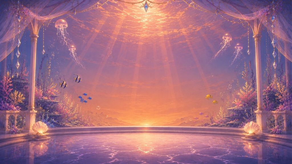 【配信背景素材】幻想アクアリウムステージ Vol.1|朝・夕方・夜 3枚セット【PNG / 1920×1080】