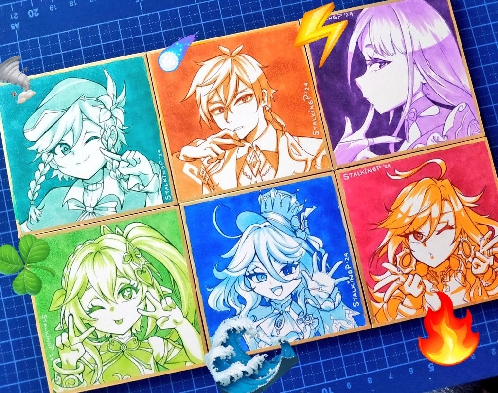 原神 神々豆色紙 | Genshin Archons - Hand-drawn mame shikishi