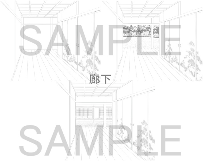 フリー素材 和屋敷背景 線画