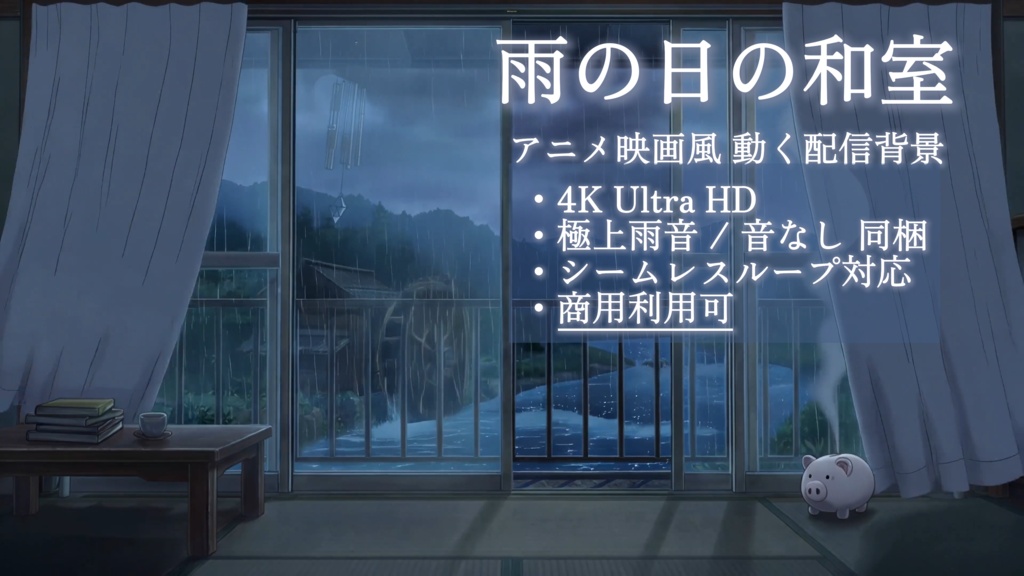 【4K・ループ】アニメ映画風 動く配信背景「雨の日の和室」極上雨音ASMR/音なし同梱