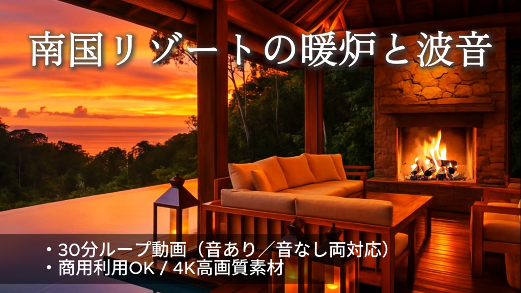 【4K動画素材】南国リゾートの暖炉と波音 - 30分シームレスループ(環境音あり/音なし同梱)