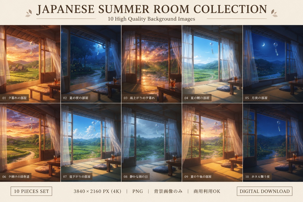 Japanese Summer Room Collection|4K背景素材10枚セット|田舎×風鈴×夕焼け×夜
