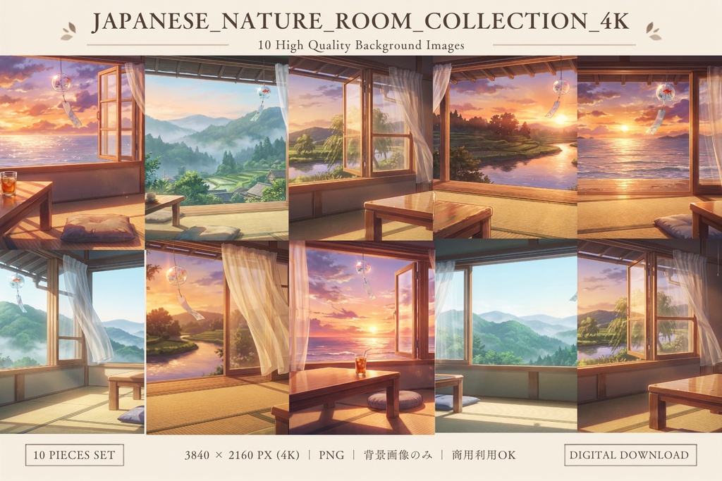 Japanese Nature Room Collection|4K背景素材10枚セット|海・山・川×和室×癒し空間