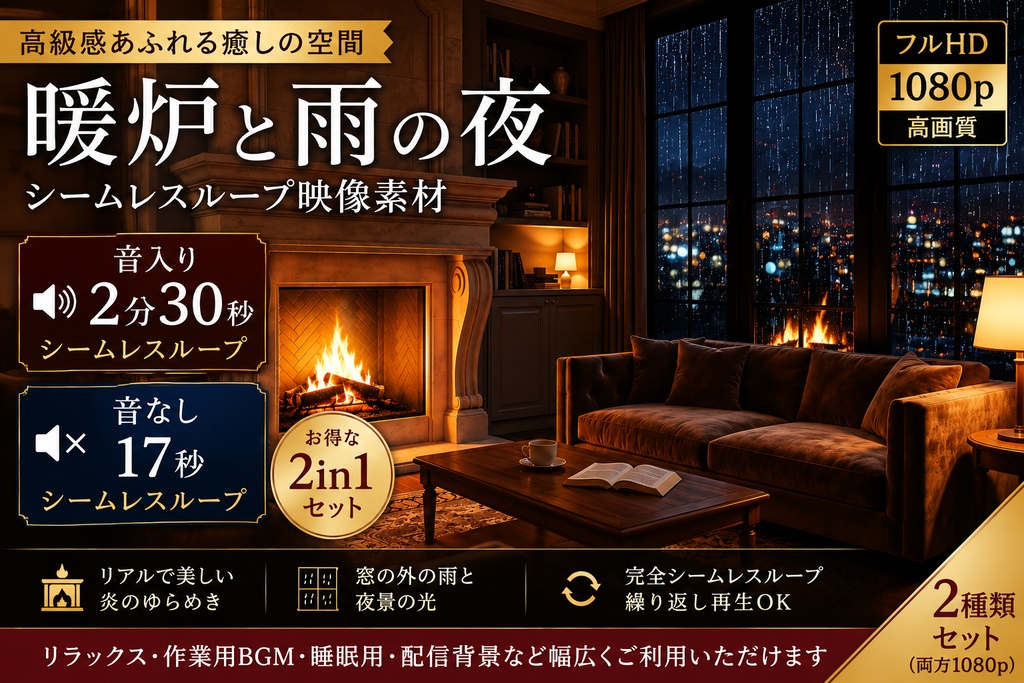 暖炉と雨の夜|高級リビング・シームレスループ映像素材|1080p|音入り+音なし