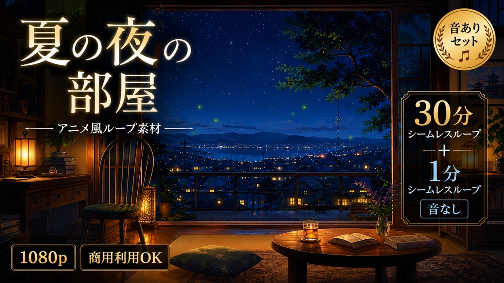 夏の夜の部屋｜窓辺のホタルと静かな夜景 30分シームレスループ音付き素材【1080p / 商用利用可】