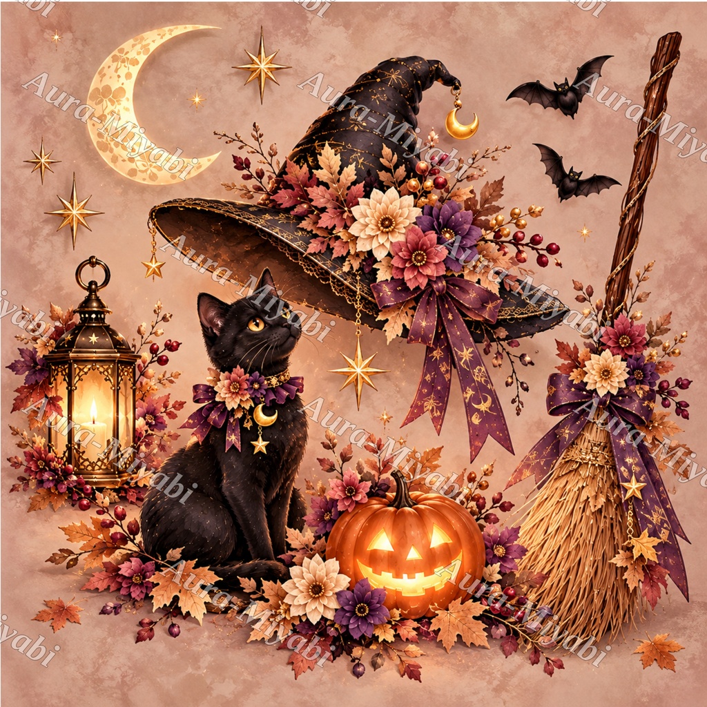 デジタルペーパーくすみ背景11枚セット・ハロウィン黒猫と帽子【商法利用可】特典付き
