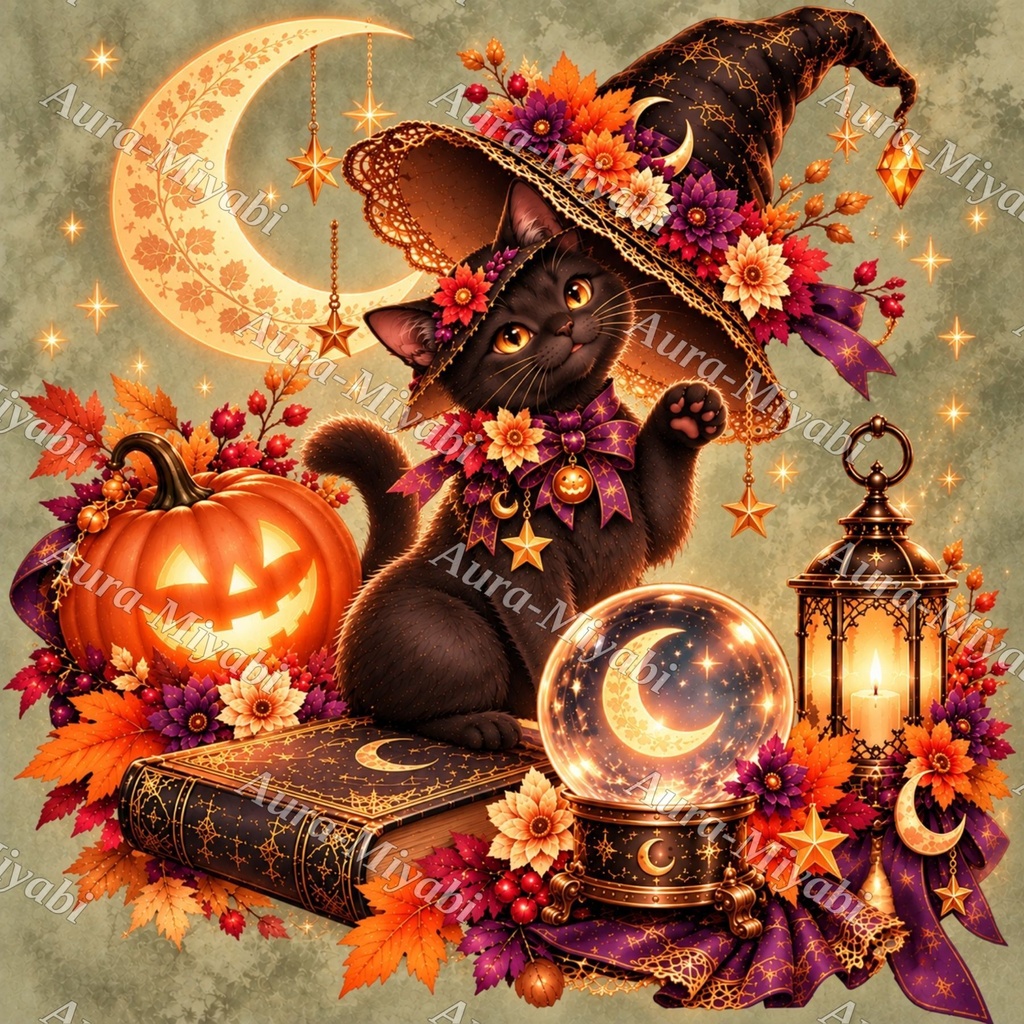 デジタルペーパーくすみ背景11枚セット・ハロウィン黒猫と帽子【商法利用可】特典付き