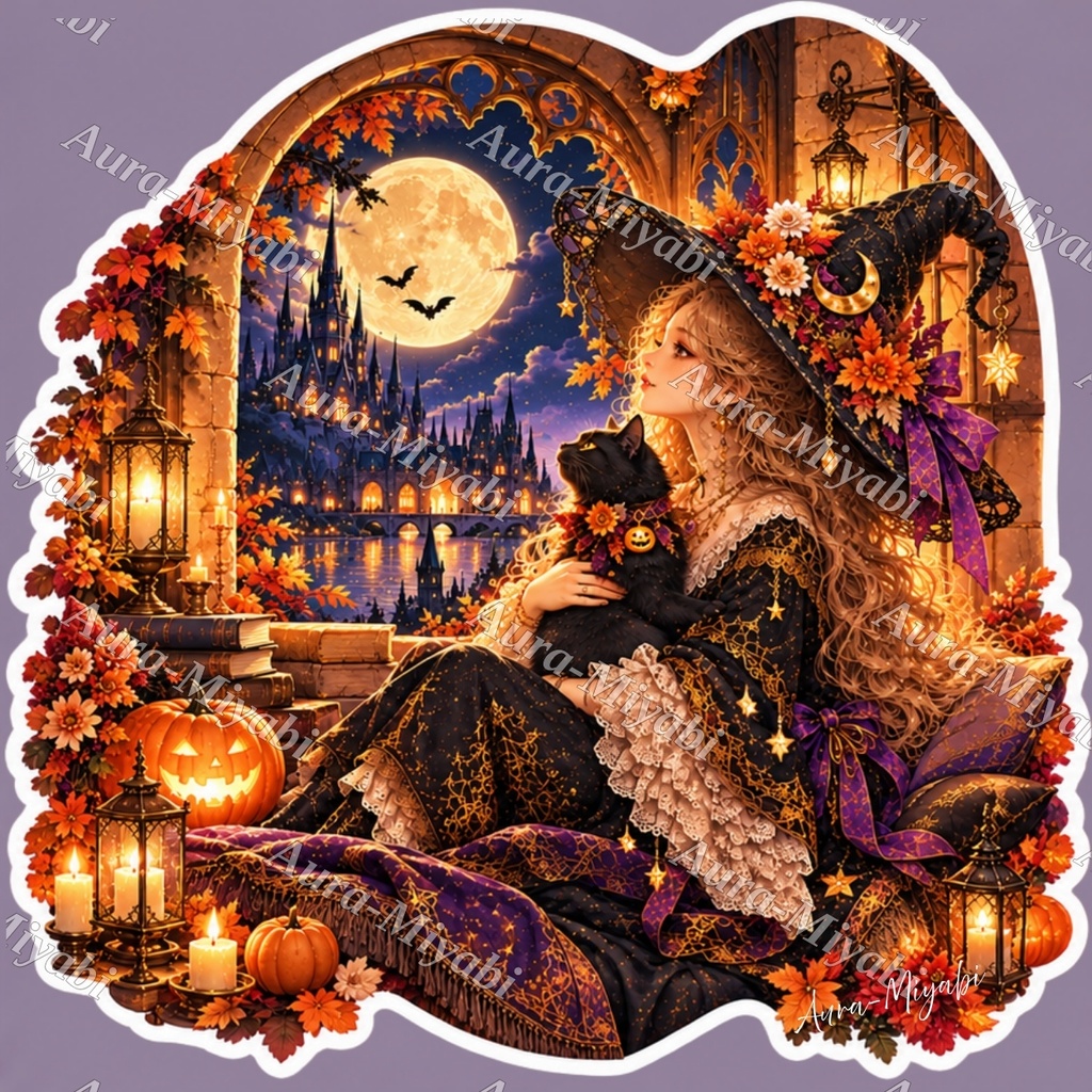 デジタルステッカー6セット+PDF1枚～月夜の魔女と黒猫の幻想～【商法利用可】3600×